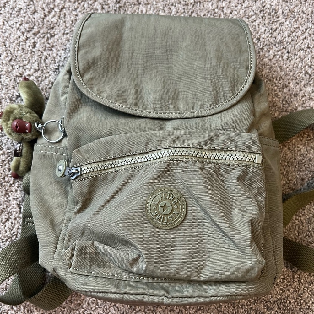 Kipling Khaki Backpack with Monkey Keychain